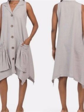 For Cynthia Sleeveless Asymmetrical Button-Front Dress in Light Gray